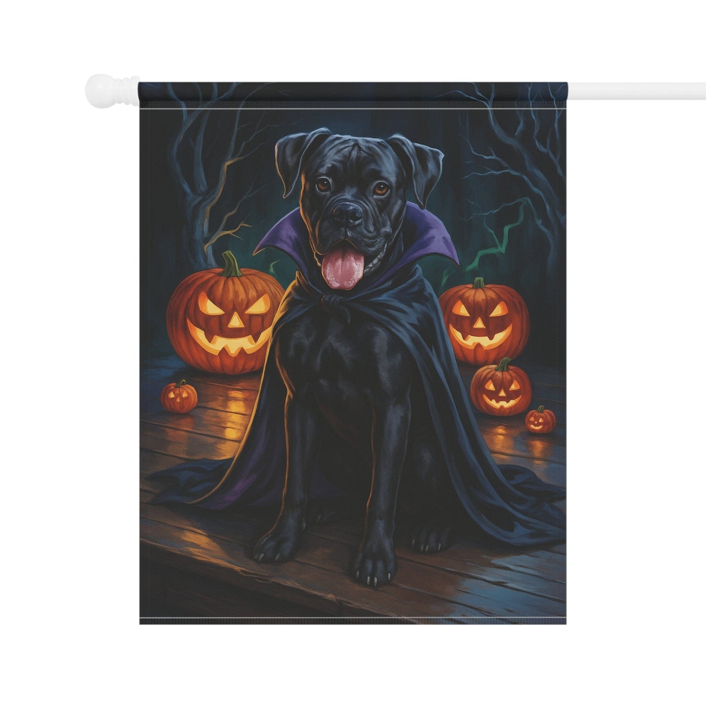 Printify Home Decor Yard Flag, Halloween Black Boxer Dog, Vampire Pumpkins Decor, Garden House Banner, Outdoor Halloween Fall Decoration, October Yard Art