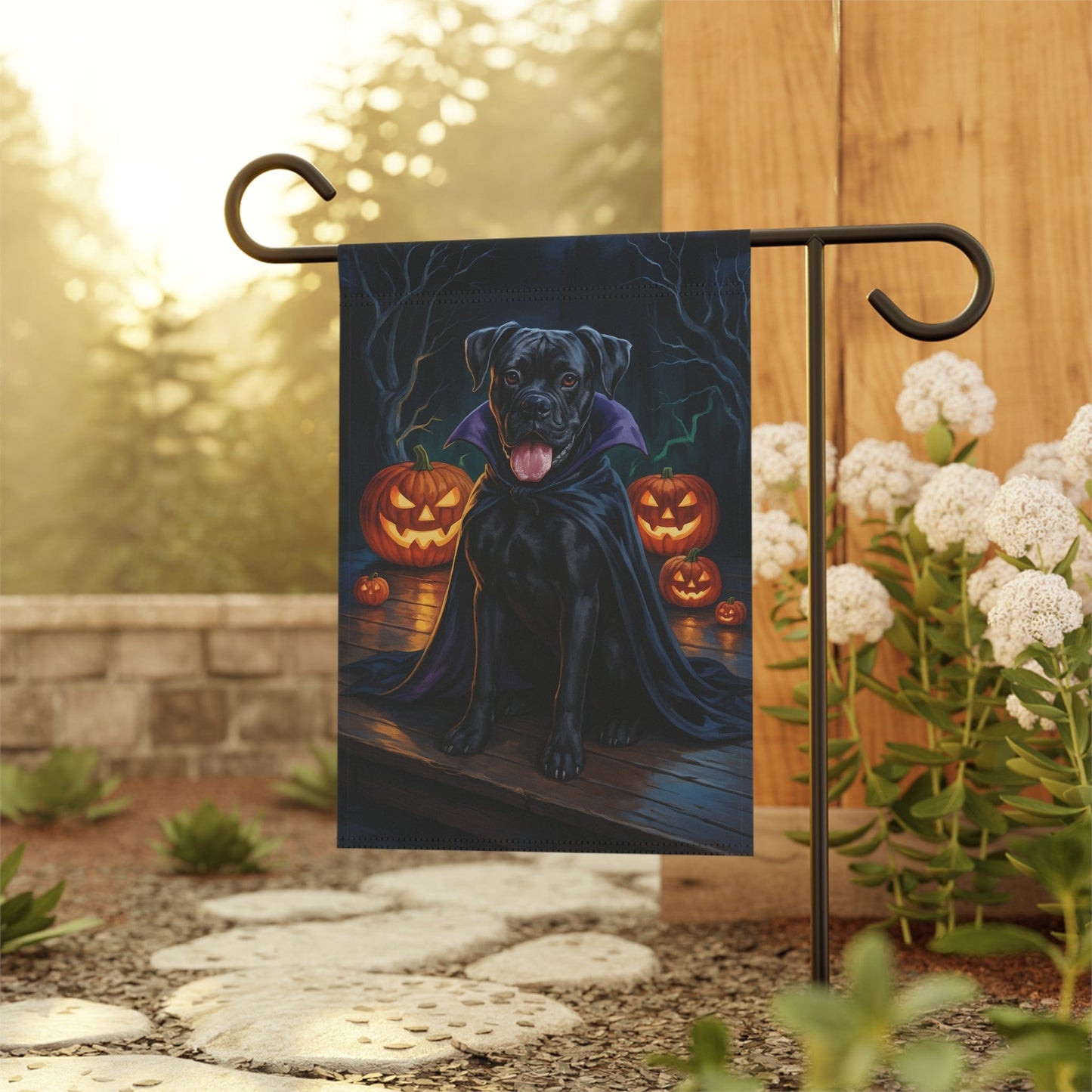 Printify Home Decor Yard Flag, Halloween Black Boxer Dog, Vampire Pumpkins Decor, Garden House Banner, Outdoor Halloween Fall Decoration, October Yard Art