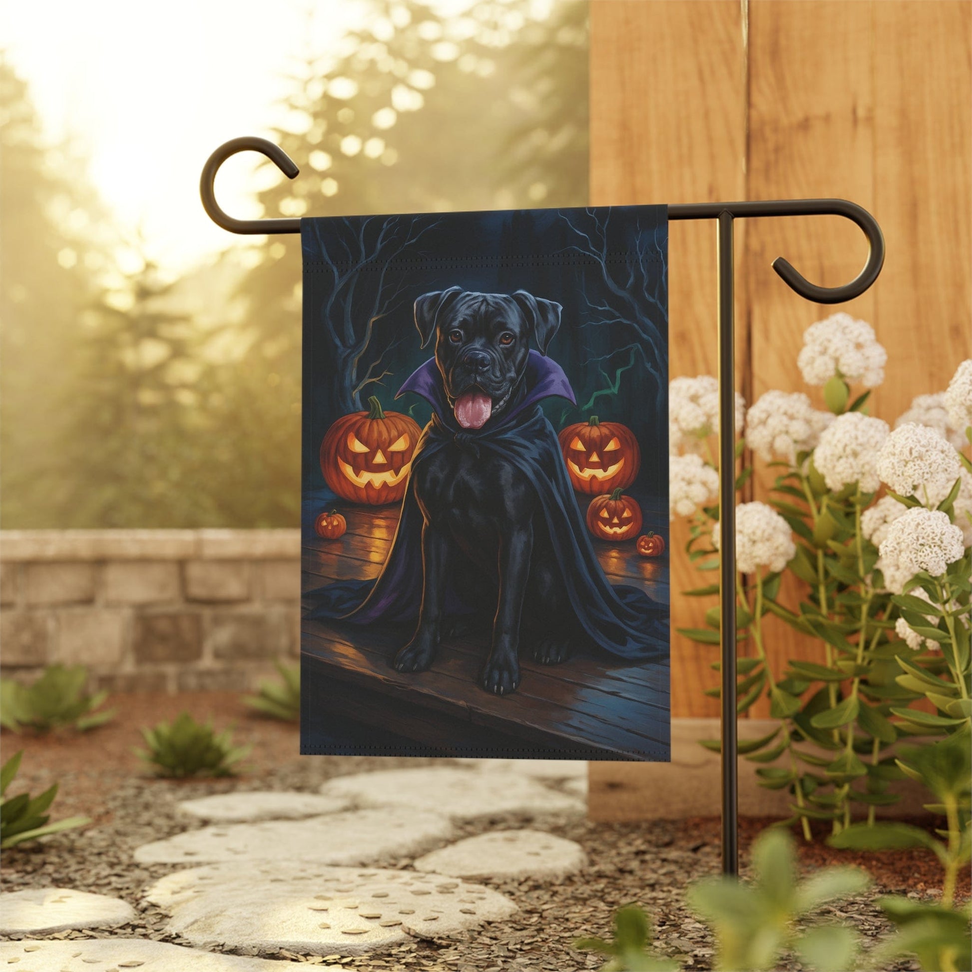 Printify Home Decor Yard Flag, Halloween Black Boxer Dog, Vampire Pumpkins Decor, Garden House Banner, Outdoor Halloween Fall Decoration, October Yard Art