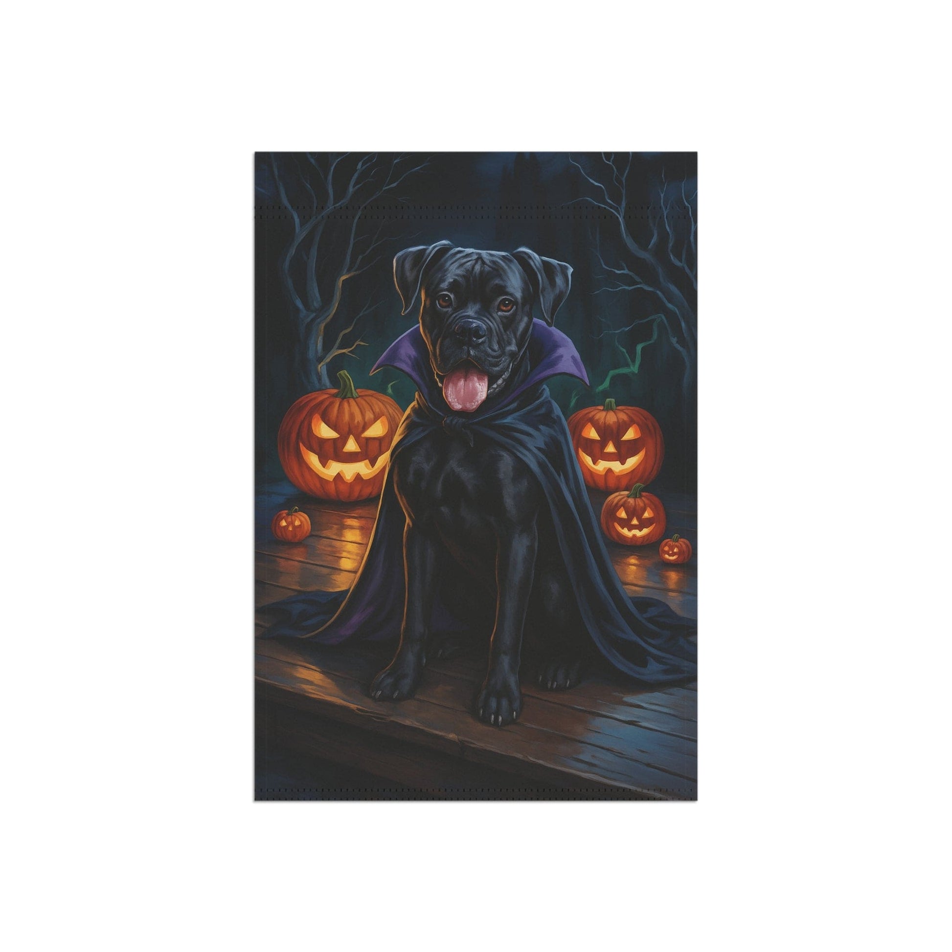 Printify Home Decor Yard Flag, Halloween Black Boxer Dog, Vampire Pumpkins Decor, Garden House Banner, Outdoor Halloween Fall Decoration, October Yard Art