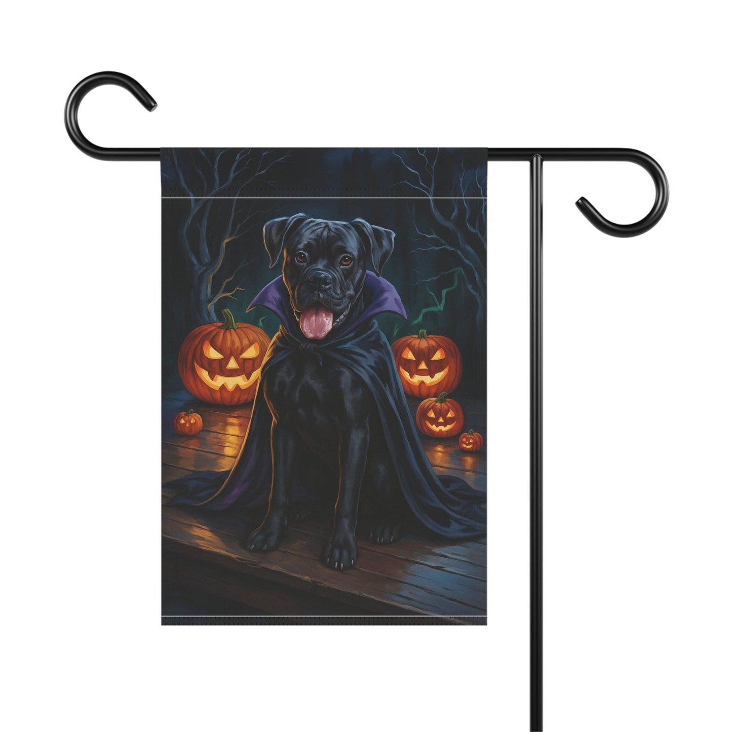 Printify Home Decor Yard Flag, Halloween Black Boxer Dog, Vampire Pumpkins Decor, Garden House Banner, Outdoor Halloween Fall Decoration, October Yard Art