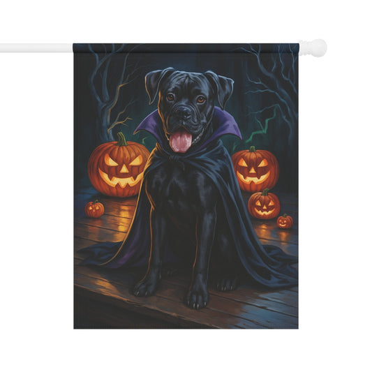 Printify Home Decor 24.5'' × 32'' Yard Flag, Halloween Black Boxer Dog, Vampire Pumpkins Decor, Garden House Banner, Outdoor Halloween Fall Decoration, October Yard Art