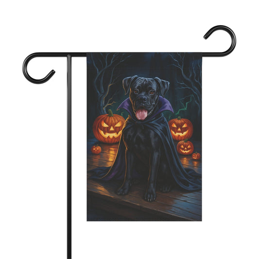 Printify Home Decor 12'' × 18'' Yard Flag, Halloween Black Boxer Dog, Vampire Pumpkins Decor, Garden House Banner, Outdoor Halloween Fall Decoration, October Yard Art