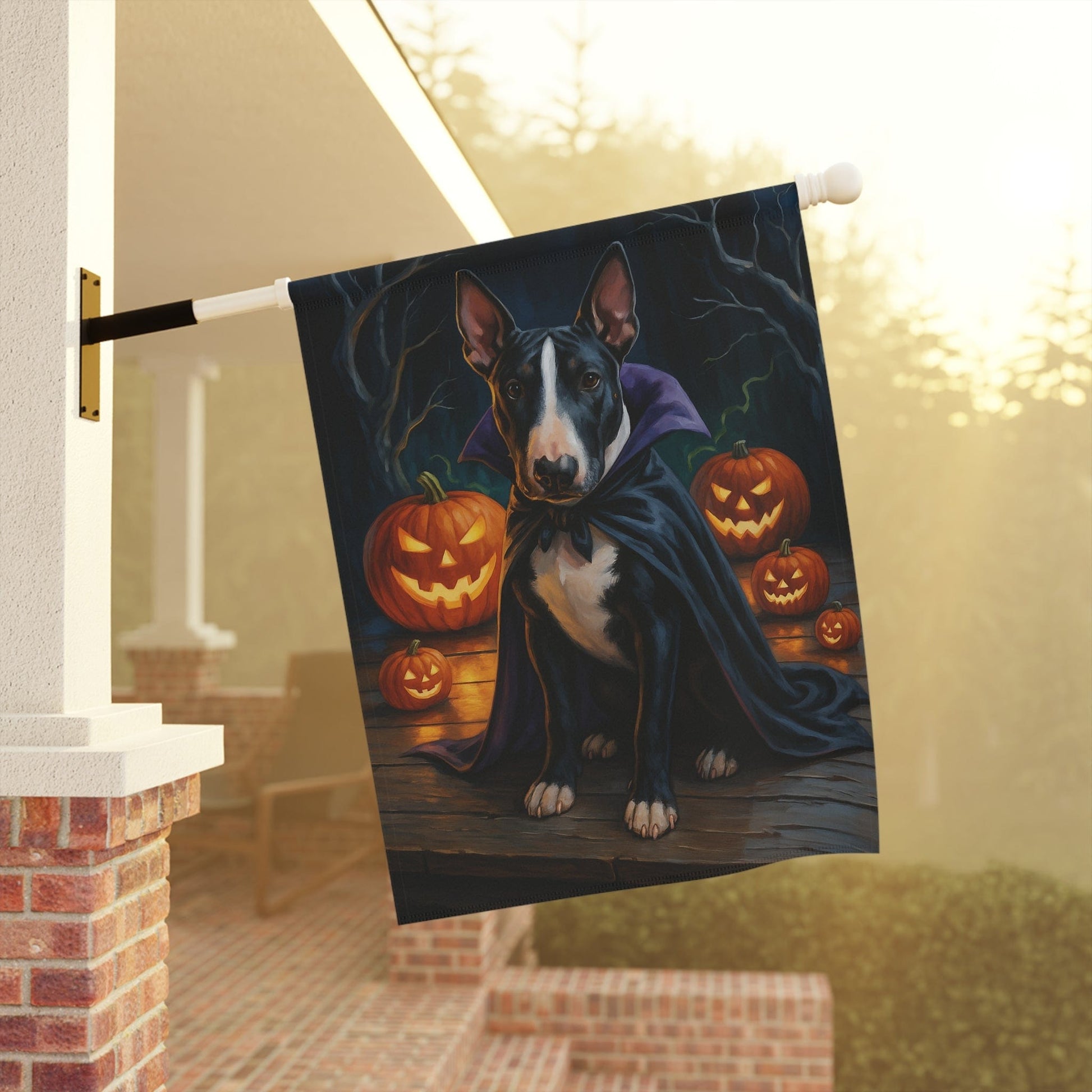 Printify Home Decor Yard Flag, Halloween Black Bull Terrier, Vampire Pumpkins Decor, Garden House Banner, Outdoor Halloween Fall Decoration, October Yard Art