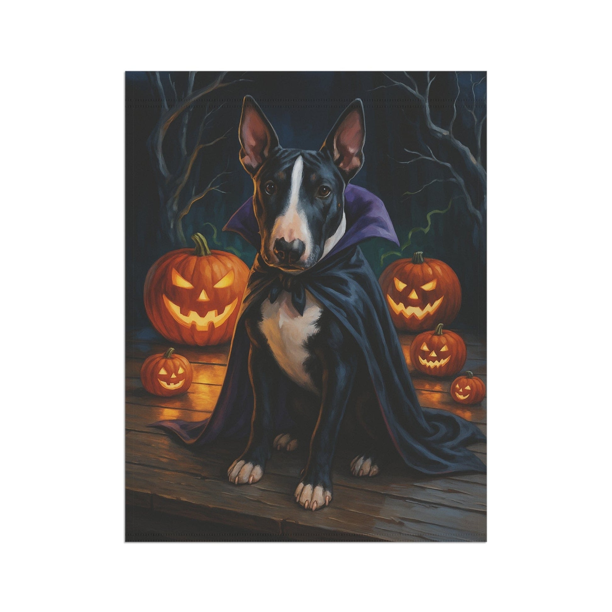 Printify Home Decor Yard Flag, Halloween Black Bull Terrier, Vampire Pumpkins Decor, Garden House Banner, Outdoor Halloween Fall Decoration, October Yard Art