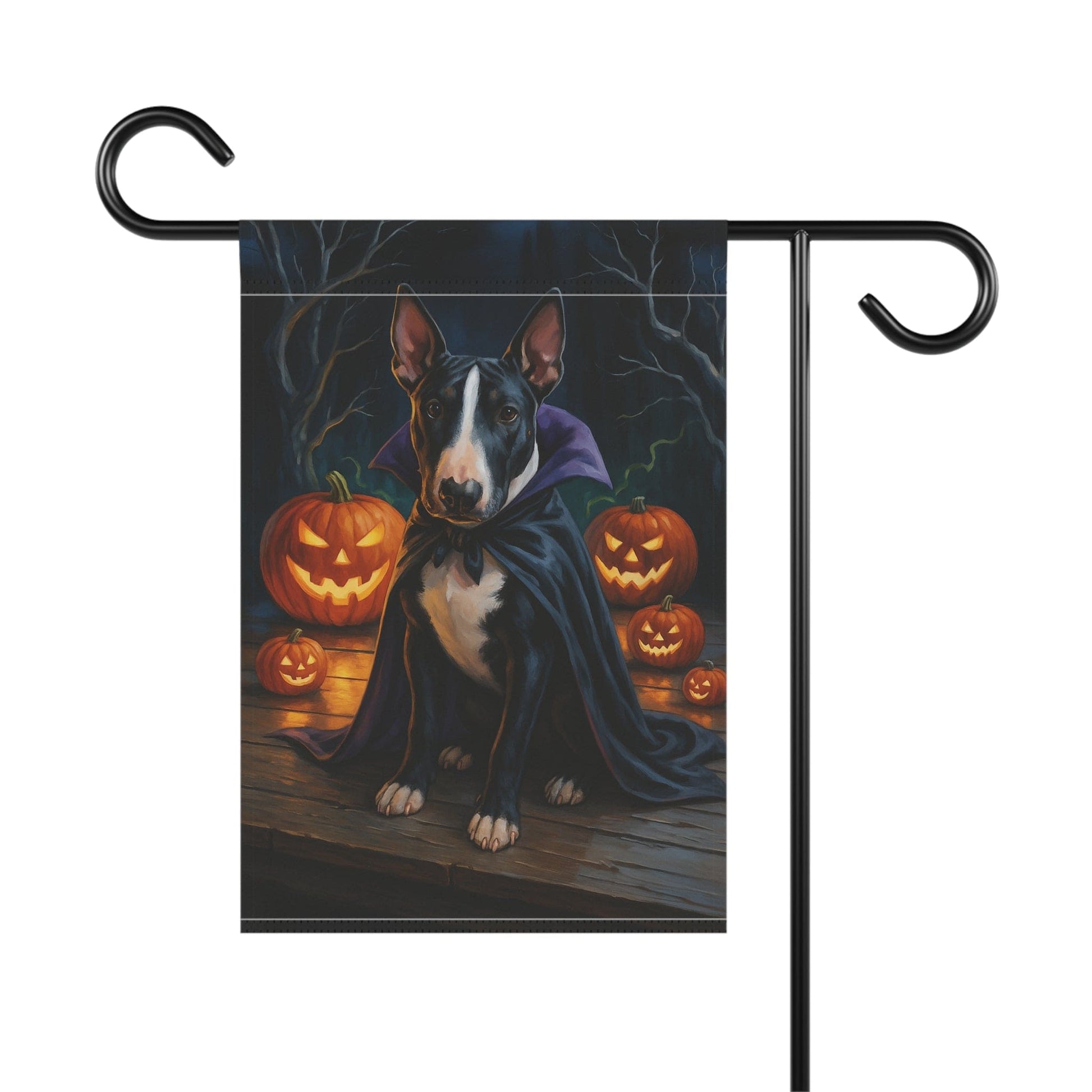 Printify Home Decor Yard Flag, Halloween Black Bull Terrier, Vampire Pumpkins Decor, Garden House Banner, Outdoor Halloween Fall Decoration, October Yard Art