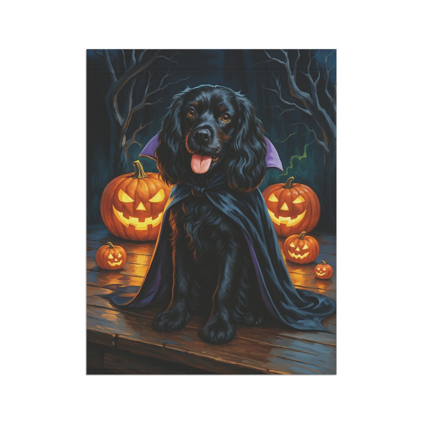 Printify Home Decor Yard Flag, Halloween Black Cocker Spaniel Dog, Vampire Pumpkins Decor, Garden House Banner, Outdoor Halloween Fall Art, October Yard Art