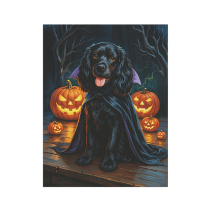 Printify Home Decor Yard Flag, Halloween Black Cocker Spaniel Dog, Vampire Pumpkins Decor, Garden House Banner, Outdoor Halloween Fall Art, October Yard Art