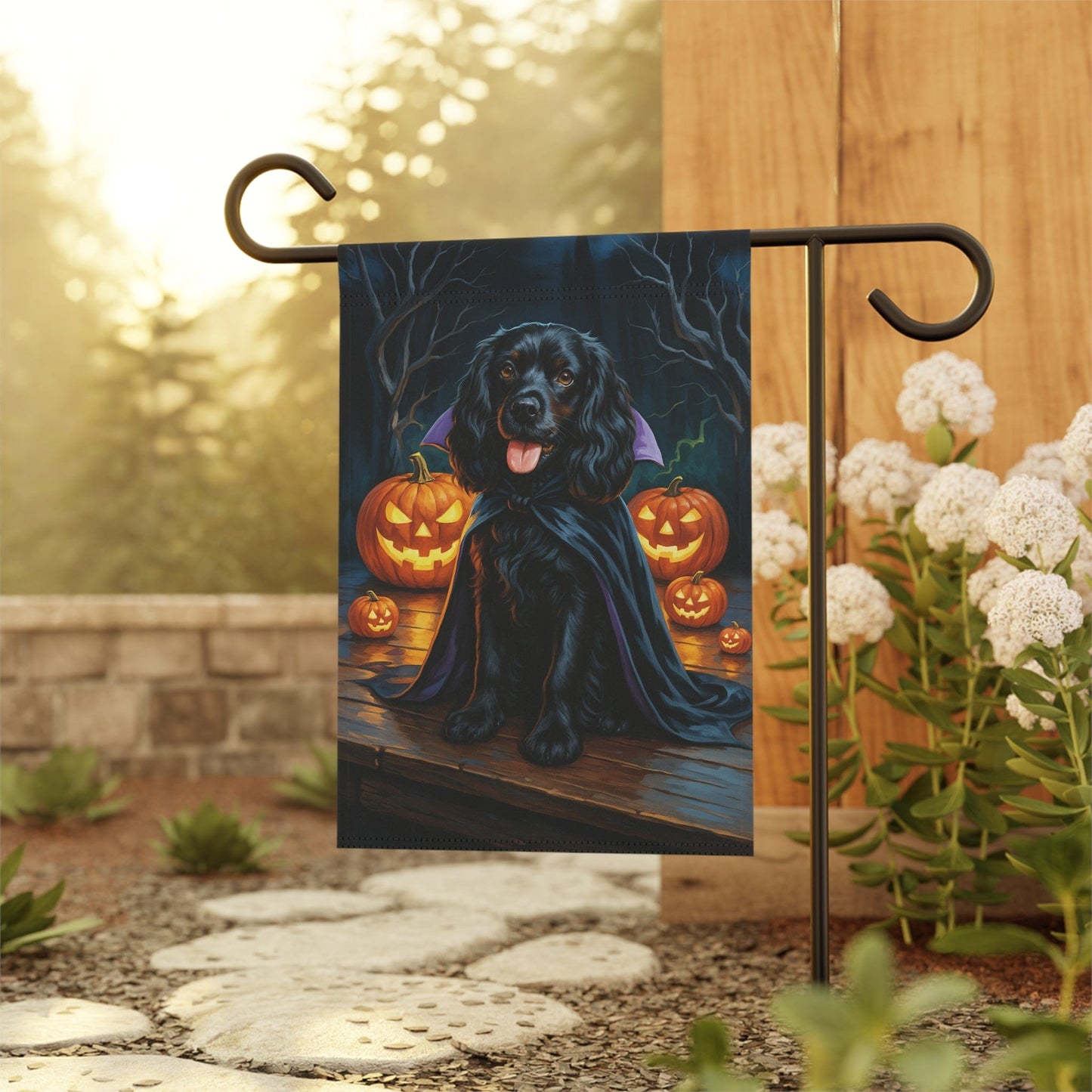 Printify Home Decor Yard Flag, Halloween Black Cocker Spaniel Dog, Vampire Pumpkins Decor, Garden House Banner, Outdoor Halloween Fall Art, October Yard Art