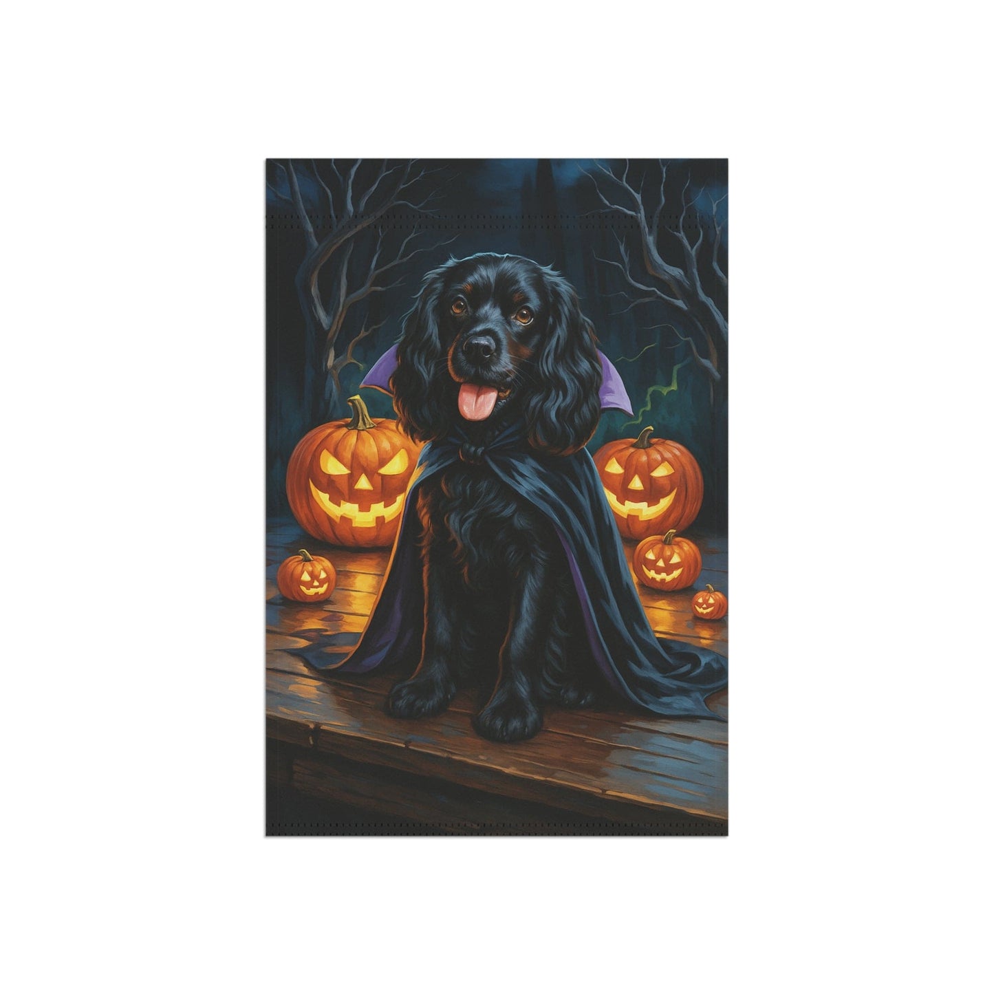 Printify Home Decor Yard Flag, Halloween Black Cocker Spaniel Dog, Vampire Pumpkins Decor, Garden House Banner, Outdoor Halloween Fall Art, October Yard Art