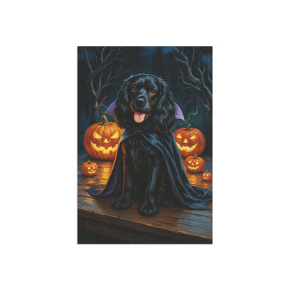 Printify Home Decor Yard Flag, Halloween Black Cocker Spaniel Dog, Vampire Pumpkins Decor, Garden House Banner, Outdoor Halloween Fall Art, October Yard Art