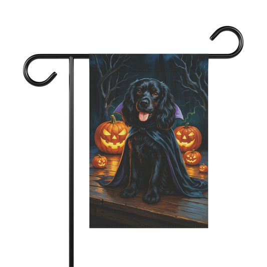 Printify Home Decor 12'' × 18'' Yard Flag, Halloween Black Cocker Spaniel Dog, Vampire Pumpkins Decor, Garden House Banner, Outdoor Halloween Fall Art, October Yard Art