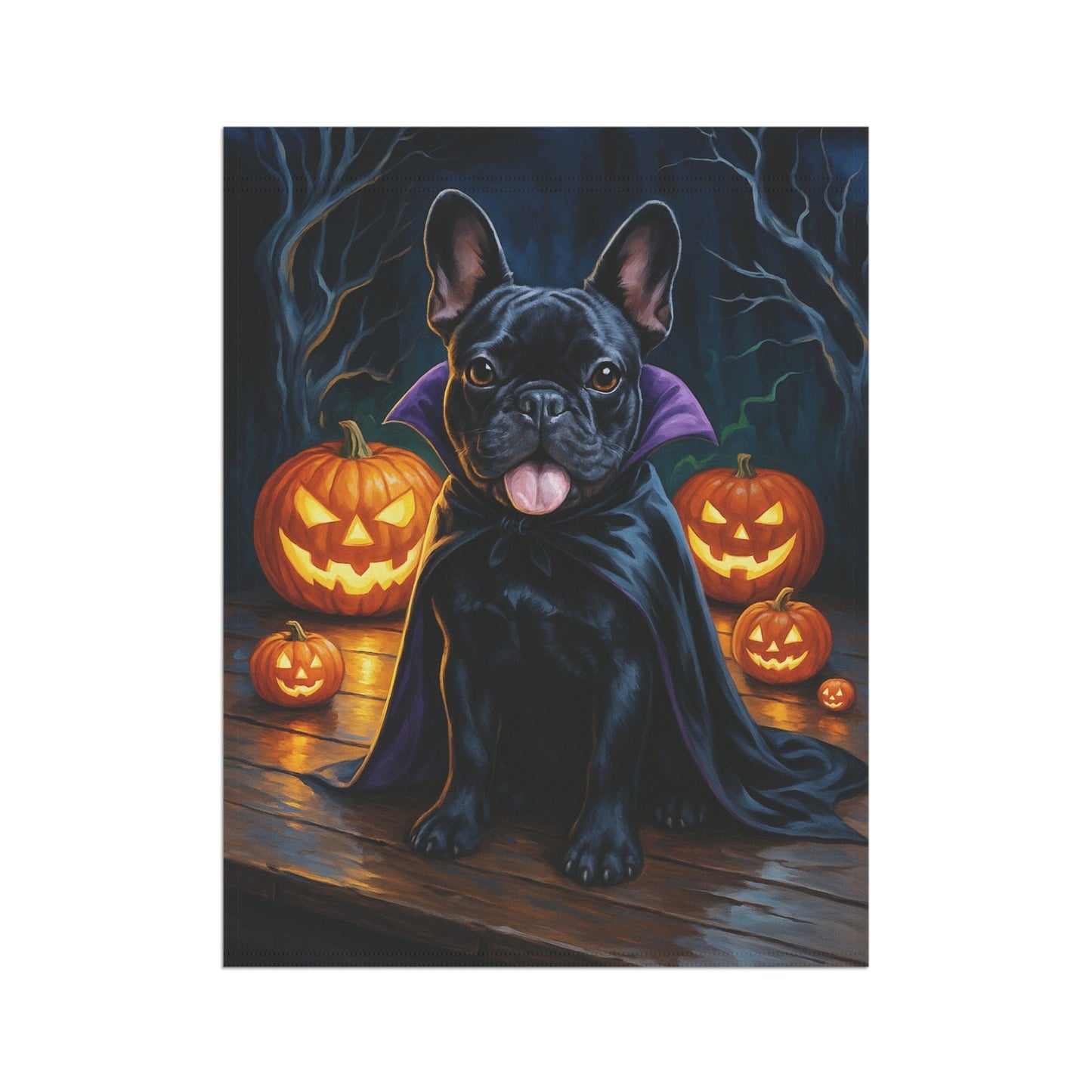 Printify Home Decor Yard Flag, Halloween Black French Bulldog Dog, Vampire Pumpkins Decor, Garden House Banner, Outdoor Halloween Fall Art, October Yard Art