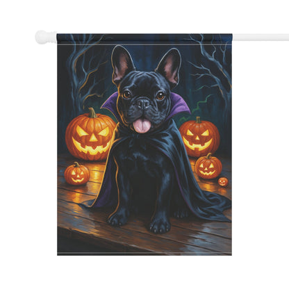 Printify Home Decor Yard Flag, Halloween Black French Bulldog Dog, Vampire Pumpkins Decor, Garden House Banner, Outdoor Halloween Fall Art, October Yard Art
