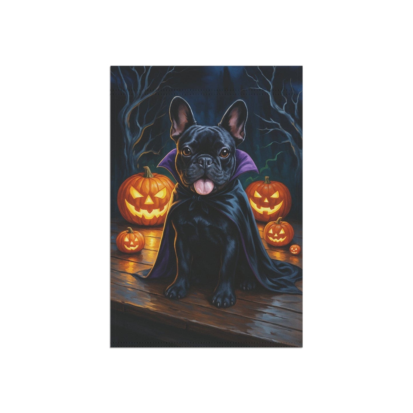 Printify Home Decor Yard Flag, Halloween Black French Bulldog Dog, Vampire Pumpkins Decor, Garden House Banner, Outdoor Halloween Fall Art, October Yard Art