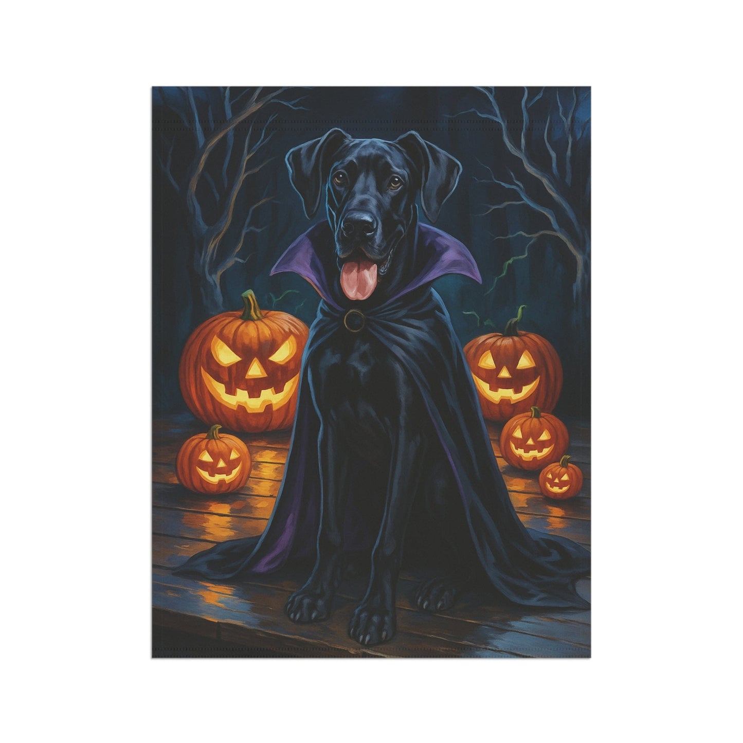 Printify Home Decor Yard Flag, Halloween Black Great Dane Dog, Vampire Pumpkins Decor, Garden House Banner