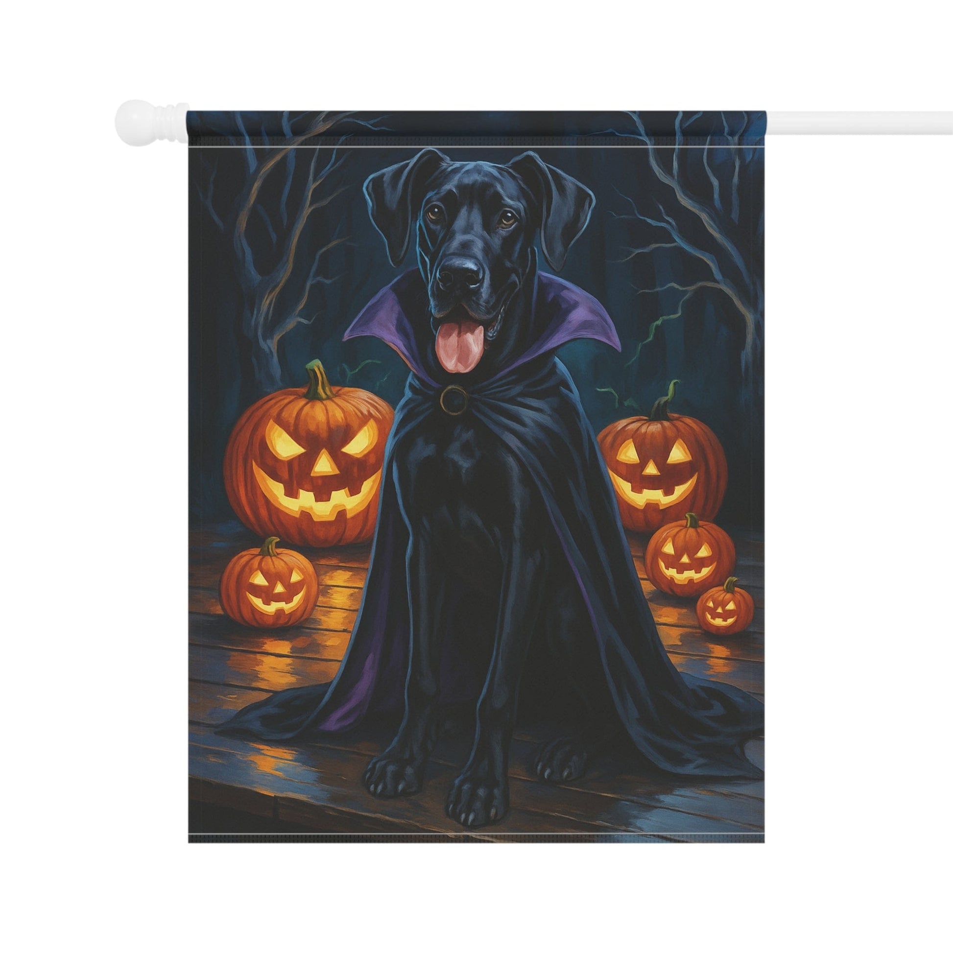 Printify Home Decor Yard Flag, Halloween Black Great Dane Dog, Vampire Pumpkins Decor, Garden House Banner