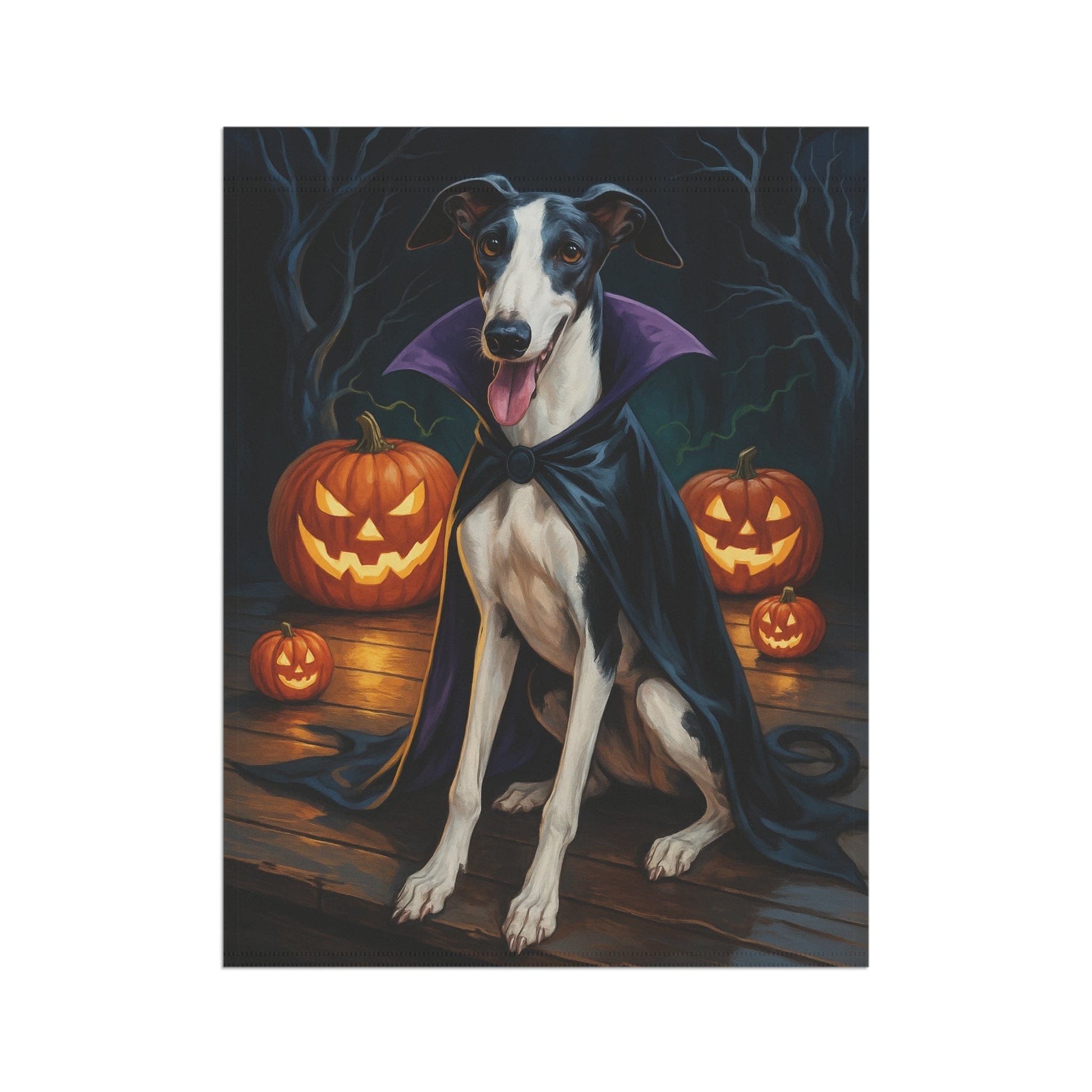 Printify Home Decor Yard Flag, Halloween Black Greyhound Dog, Vampire Pumpkins Decor, Garden House Banner, Outdoor Halloween Fall Art, October Yard Art