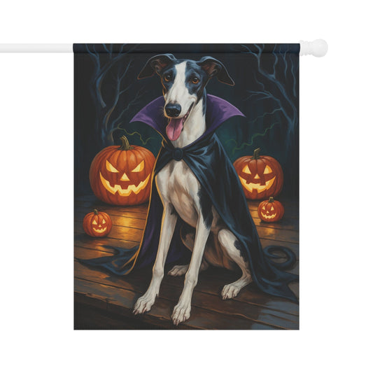 Printify Home Decor 24.5'' × 32'' Yard Flag, Halloween Black Greyhound Dog, Vampire Pumpkins Decor, Garden House Banner, Outdoor Halloween Fall Art, October Yard Art
