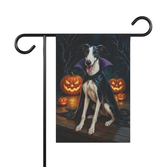 Printify Home Decor 12'' × 18'' Yard Flag, Halloween Black Greyhound Dog, Vampire Pumpkins Decor, Garden House Banner, Outdoor Halloween Fall Art, October Yard Art