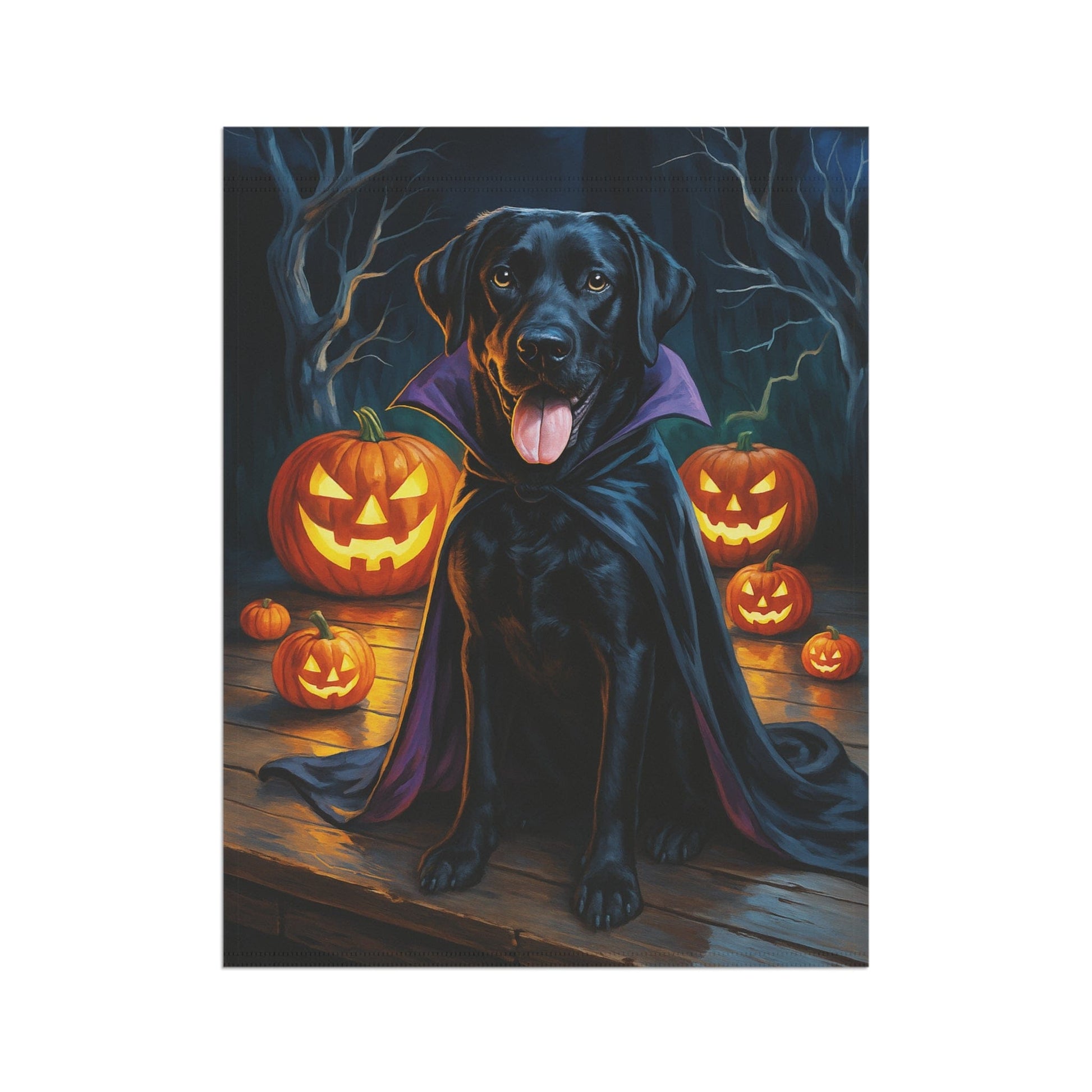Printify Home Decor Yard Flag, Halloween Black Labrador Dog, Vampire Pumpkins Decor, Garden House Banner