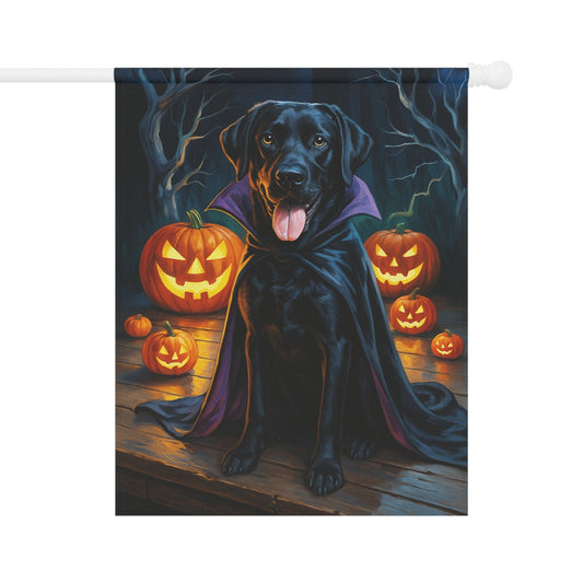 Printify Home Decor 24.5'' × 32'' Yard Flag, Halloween Black Labrador Dog, Vampire Pumpkins Decor, Garden House Banner