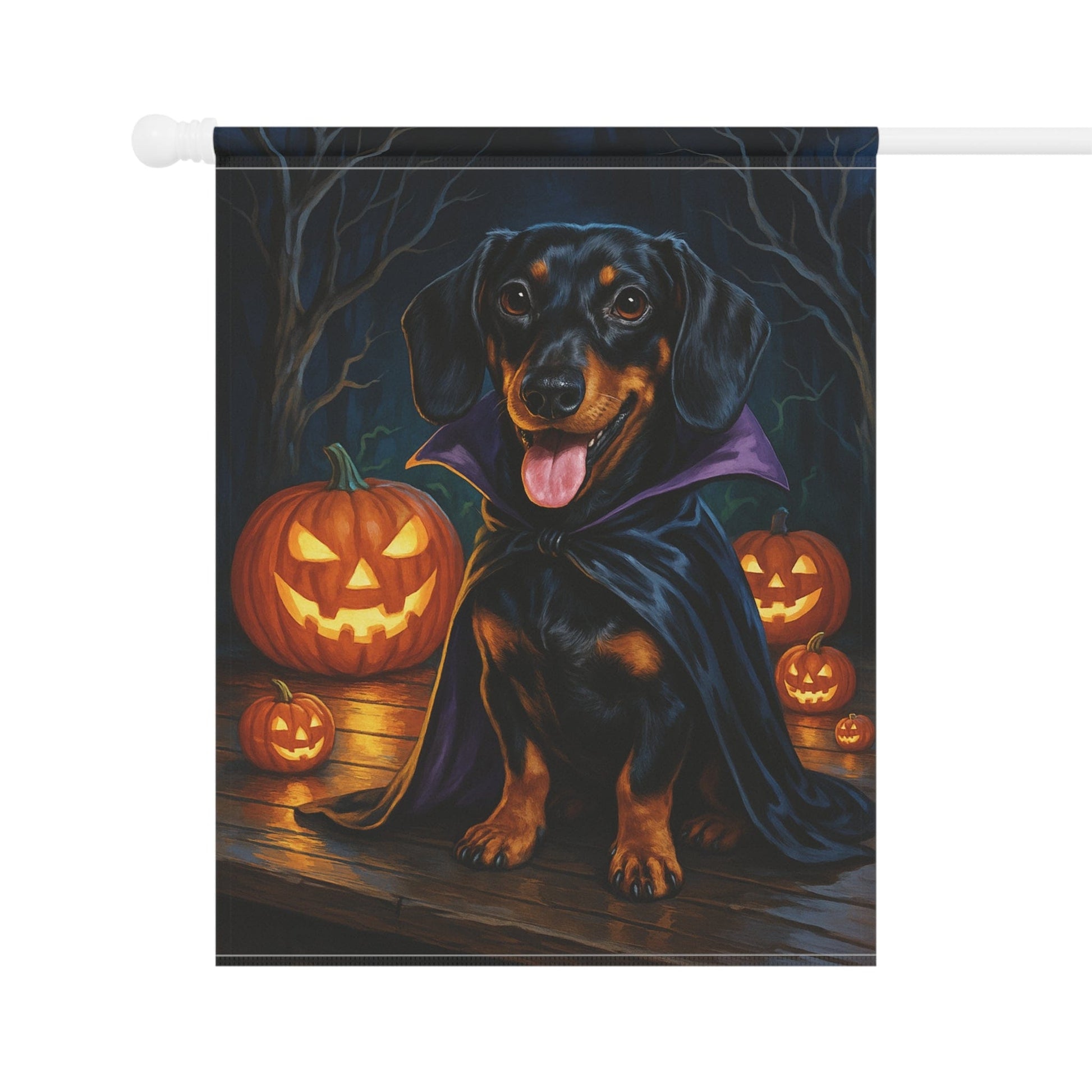 Printify Home Decor Yard Flag, Halloween Black Tan Dachshund Dog, Vampire Pumpkins Decor, Garden House Banner, Outdoor Halloween Fall Art, October Yard Art