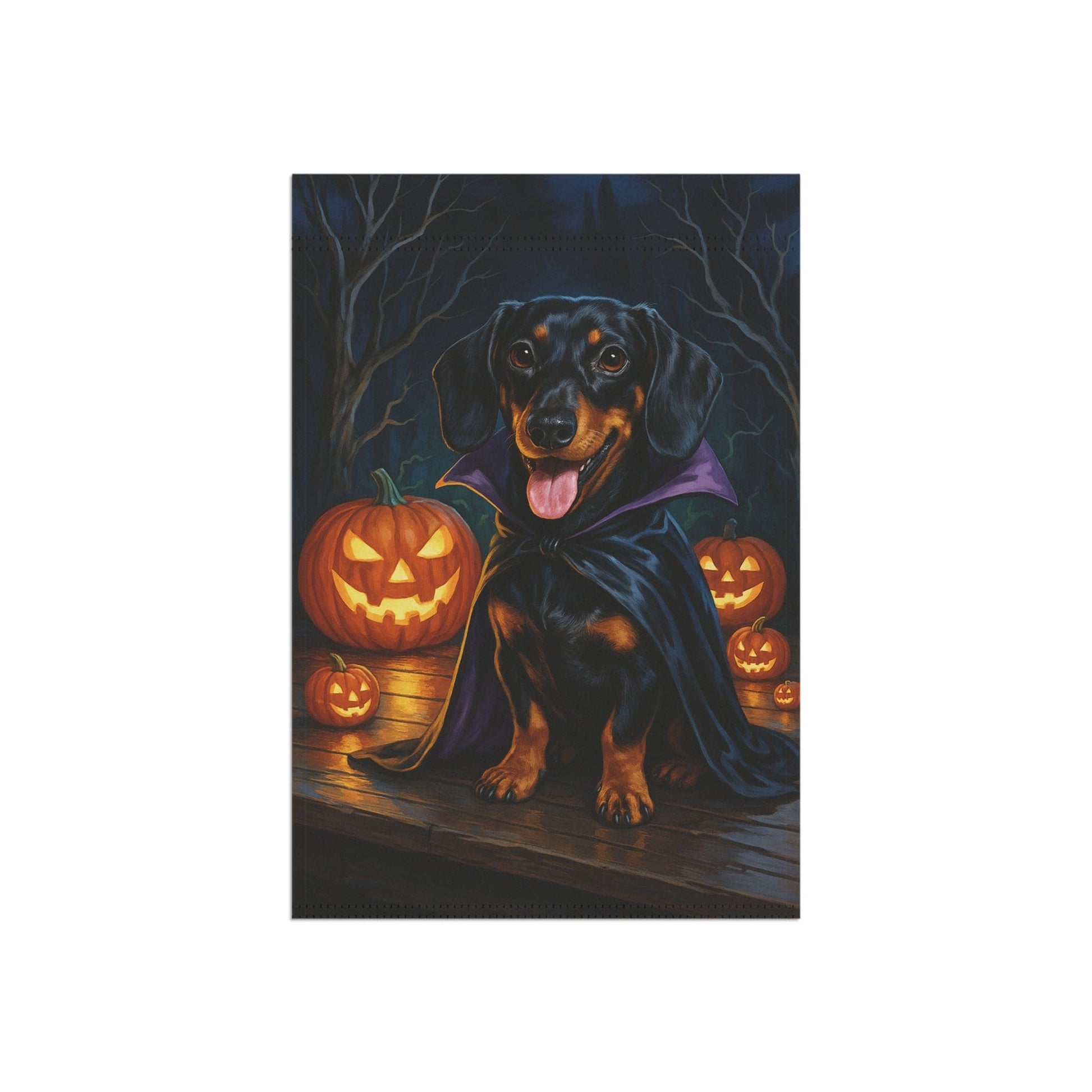 Printify Home Decor Yard Flag, Halloween Black Tan Dachshund Dog, Vampire Pumpkins Decor, Garden House Banner, Outdoor Halloween Fall Art, October Yard Art