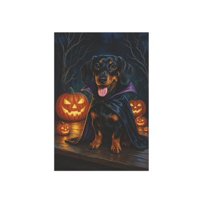 Printify Home Decor Yard Flag, Halloween Black Tan Dachshund Dog, Vampire Pumpkins Decor, Garden House Banner, Outdoor Halloween Fall Art, October Yard Art