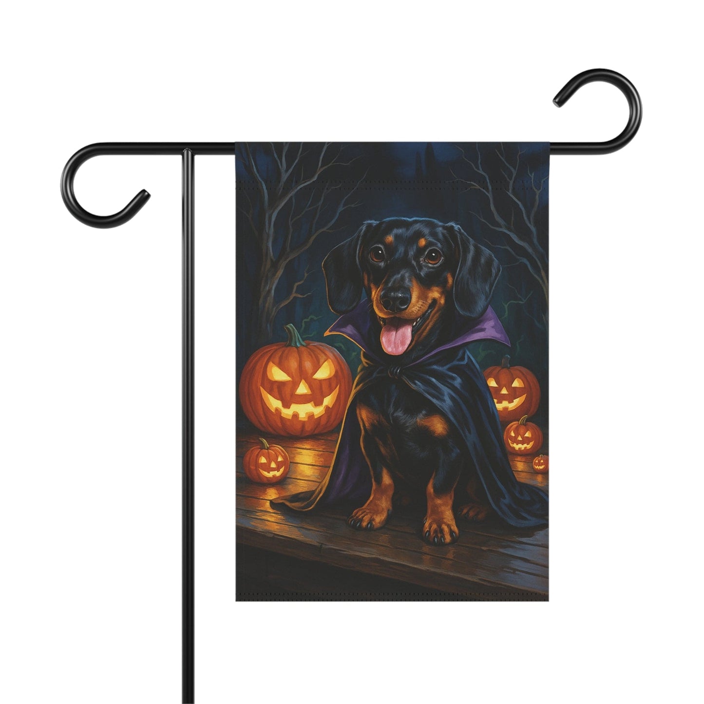Printify Home Decor 12'' × 18'' Yard Flag, Halloween Black Tan Dachshund Dog, Vampire Pumpkins Decor, Garden House Banner, Outdoor Halloween Fall Art, October Yard Art