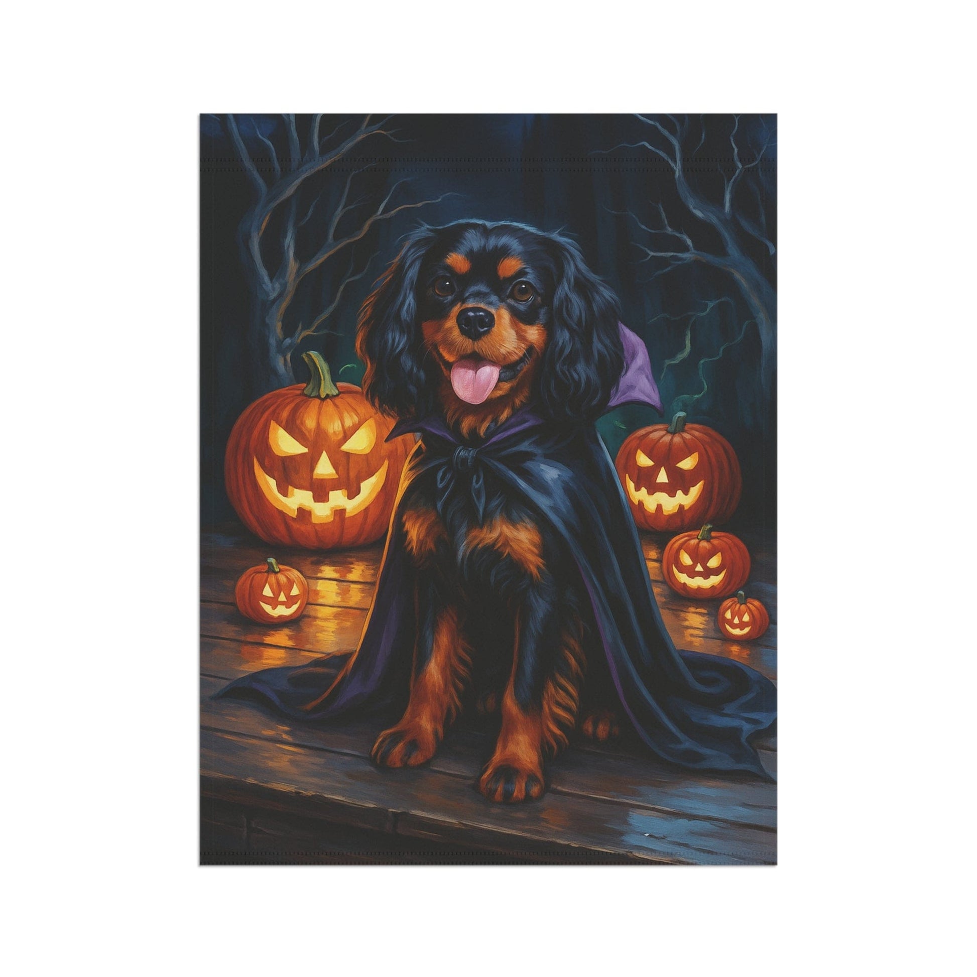 Printify Home Decor Yard Flag, Halloween Black Tan King Charles Cavalier Spaniel Dog, Vampire Pumpkins Decor