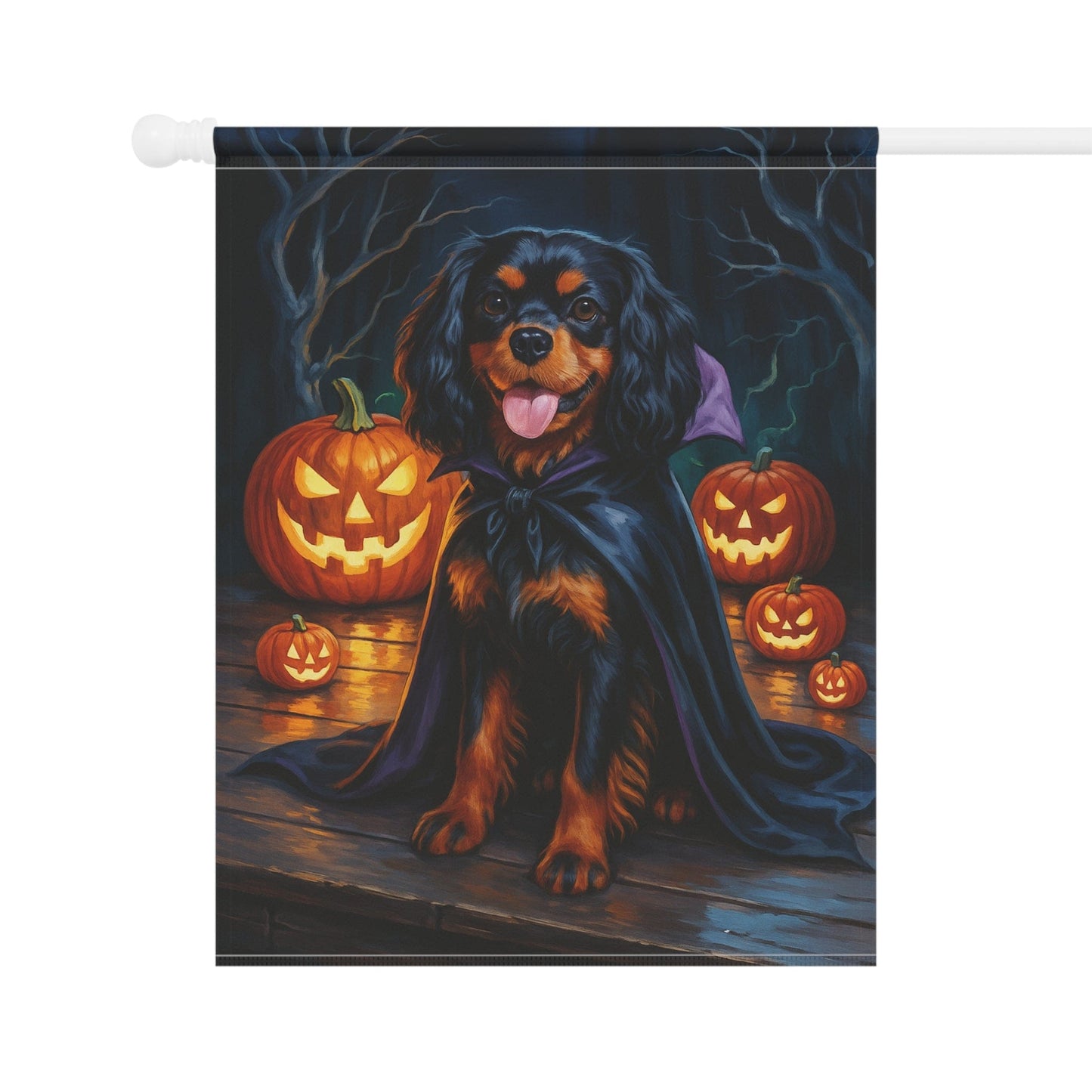 Printify Home Decor Yard Flag, Halloween Black Tan King Charles Cavalier Spaniel Dog, Vampire Pumpkins Decor