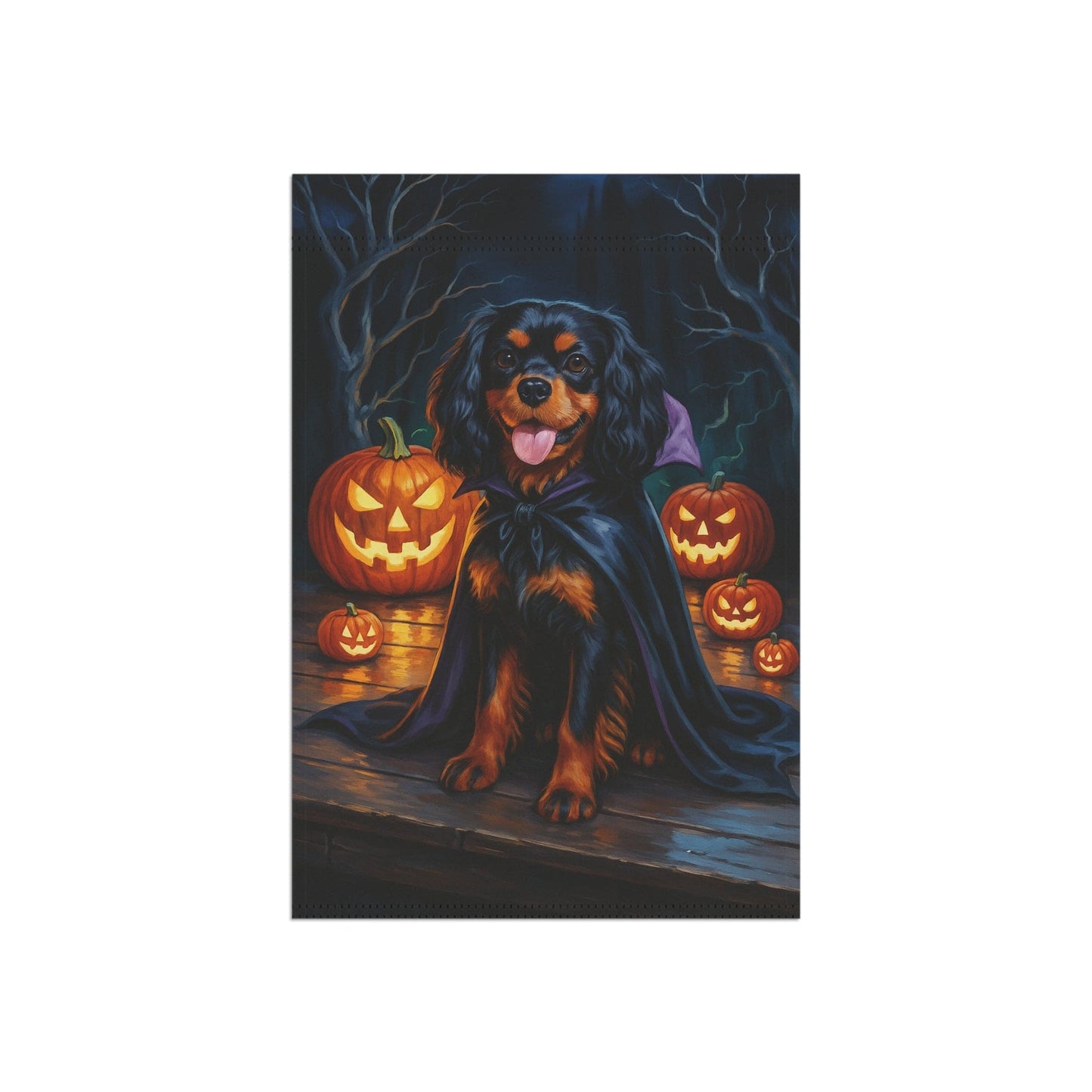 Printify Home Decor Yard Flag, Halloween Black Tan King Charles Cavalier Spaniel Dog, Vampire Pumpkins Decor