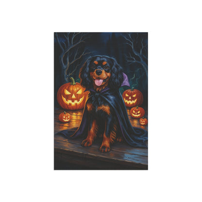Printify Home Decor Yard Flag, Halloween Black Tan King Charles Cavalier Spaniel Dog, Vampire Pumpkins Decor