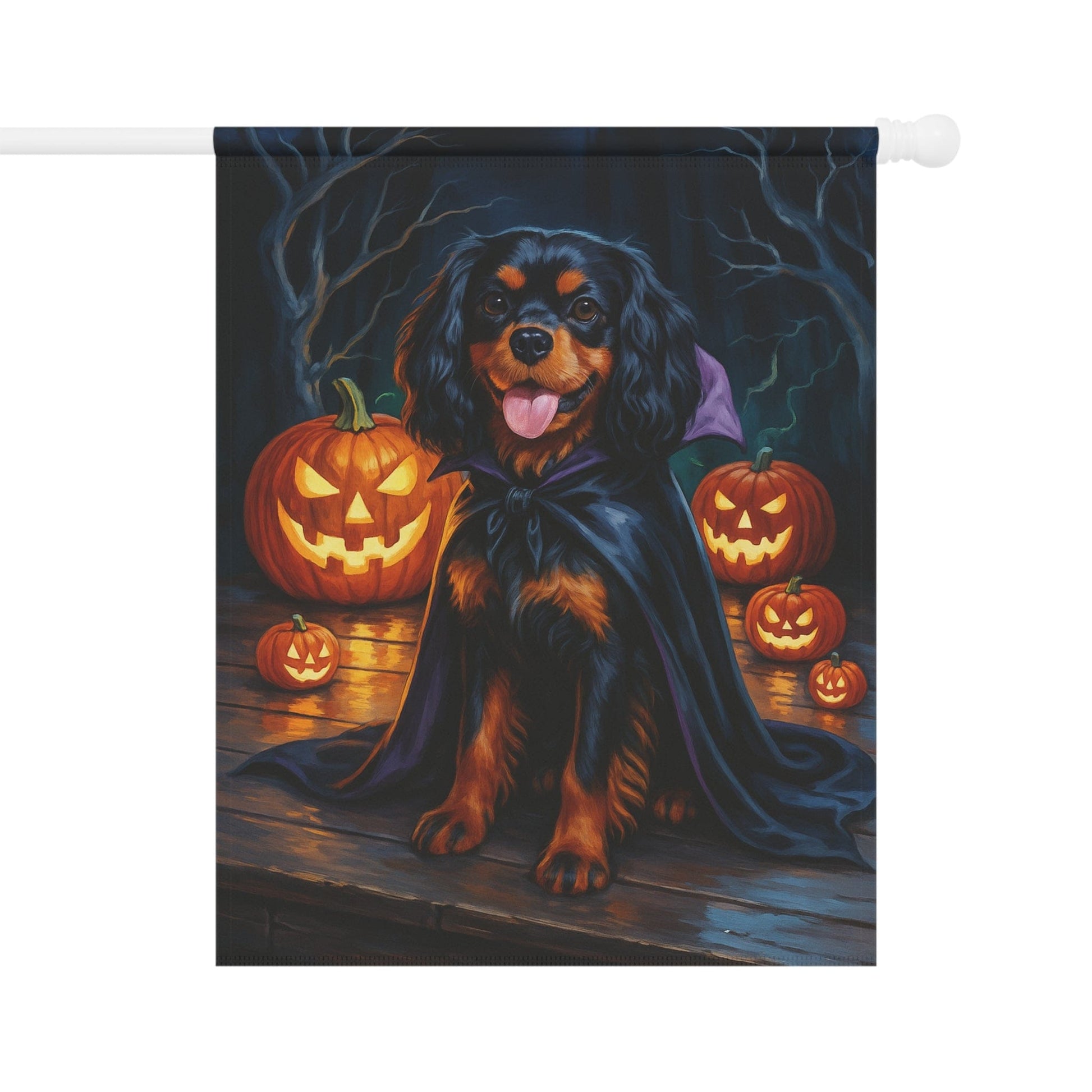 Printify Home Decor 24.5'' × 32'' Yard Flag, Halloween Black Tan King Charles Cavalier Spaniel Dog, Vampire Pumpkins Decor