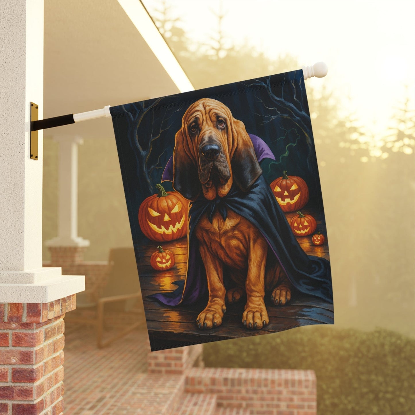 Printify Home Decor Yard Flag, Halloween Bloodhound Dog, Vampire Pumpkins Decor, Garden House Banner, Outdoor Halloween Fall Decoration, October Yard Art
