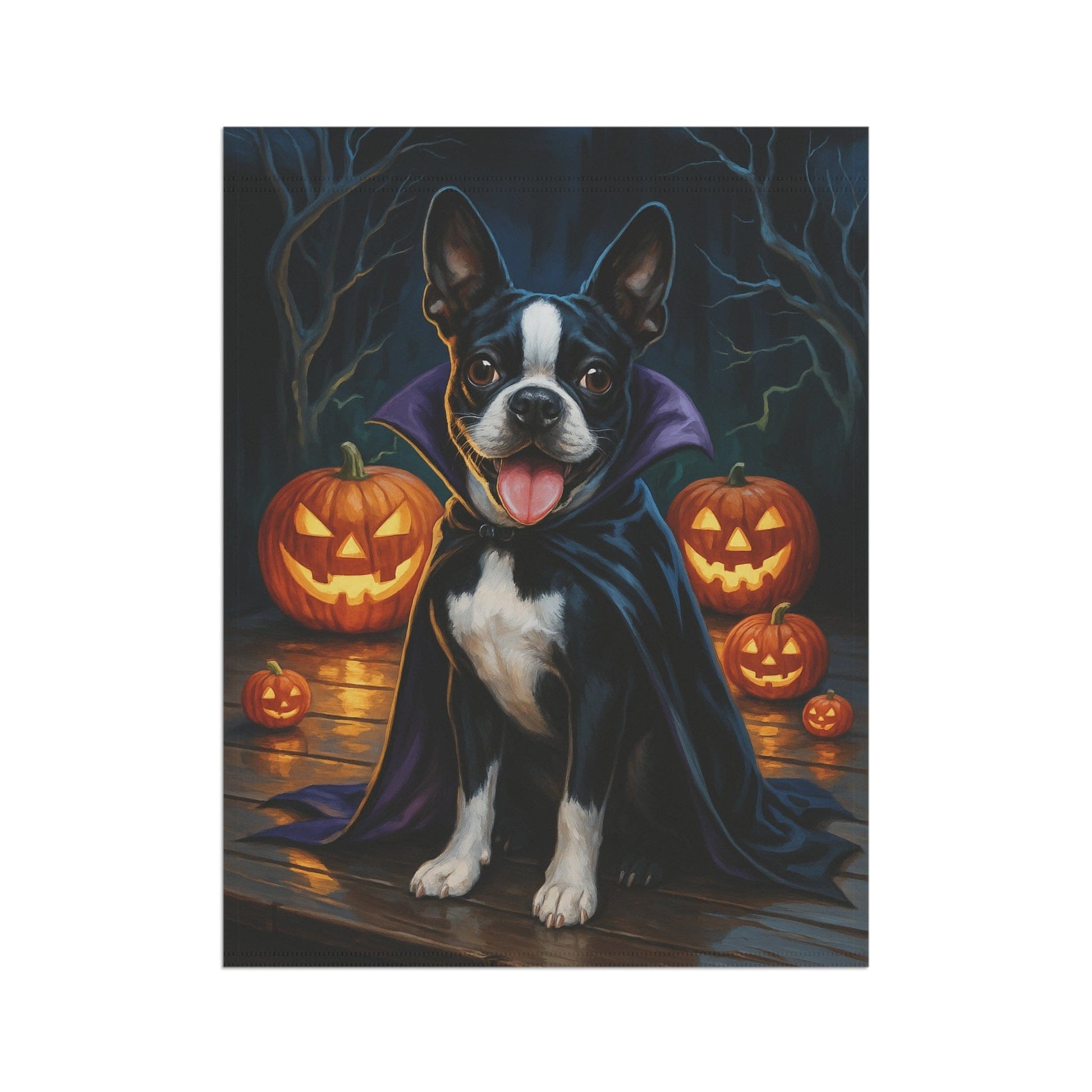 Printify Home Decor Yard Flag, Halloween Boston Terrier Dog, Vampire Pumpkins Decor, Garden House Banner, Outdoor Halloween Fall Decoration, October Yard Art