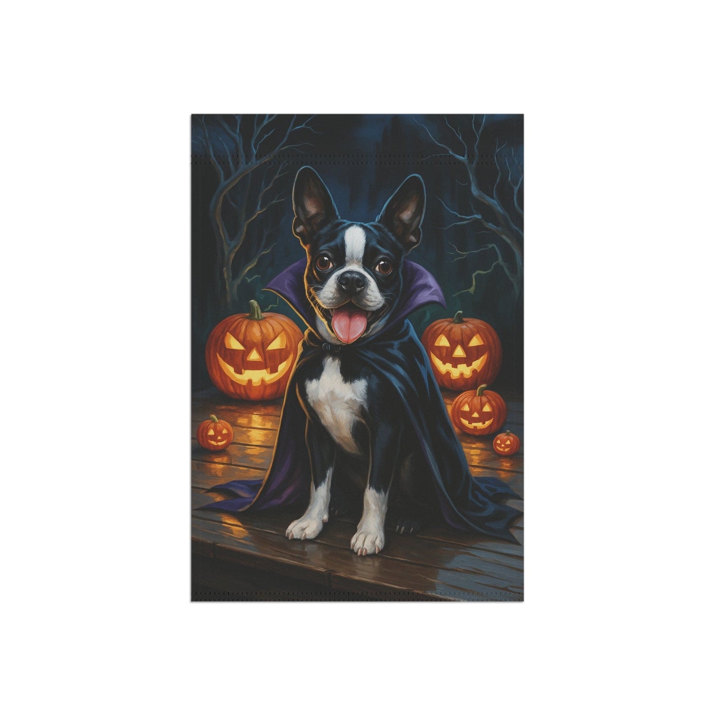 Printify Home Decor Yard Flag, Halloween Boston Terrier Dog, Vampire Pumpkins Decor, Garden House Banner, Outdoor Halloween Fall Decoration, October Yard Art