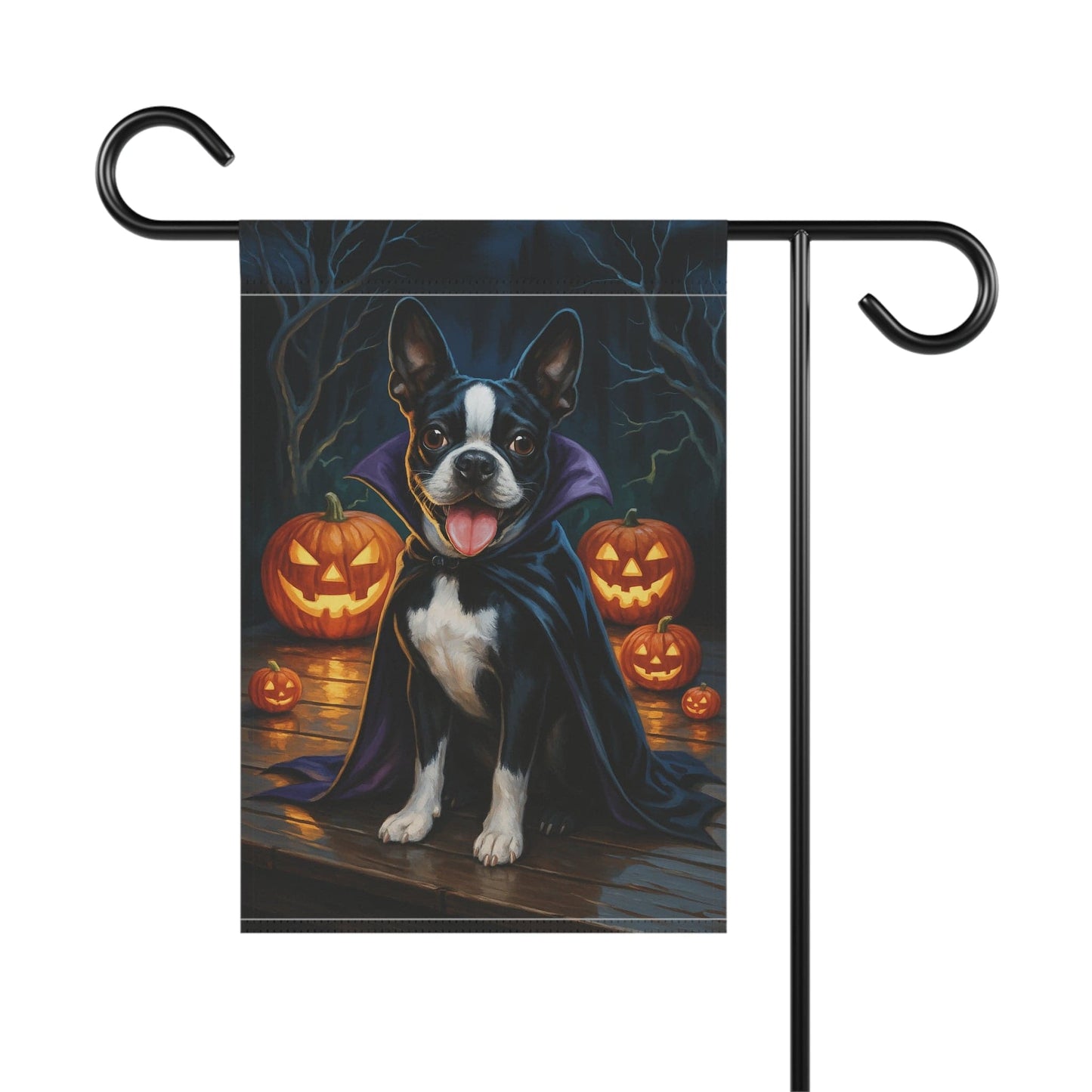 Printify Home Decor Yard Flag, Halloween Boston Terrier Dog, Vampire Pumpkins Decor, Garden House Banner, Outdoor Halloween Fall Decoration, October Yard Art