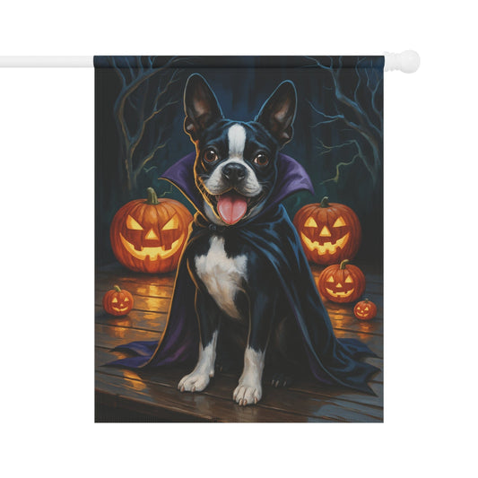 Printify Home Decor 24.5'' × 32'' Yard Flag, Halloween Boston Terrier Dog, Vampire Pumpkins Decor, Garden House Banner, Outdoor Halloween Fall Decoration, October Yard Art