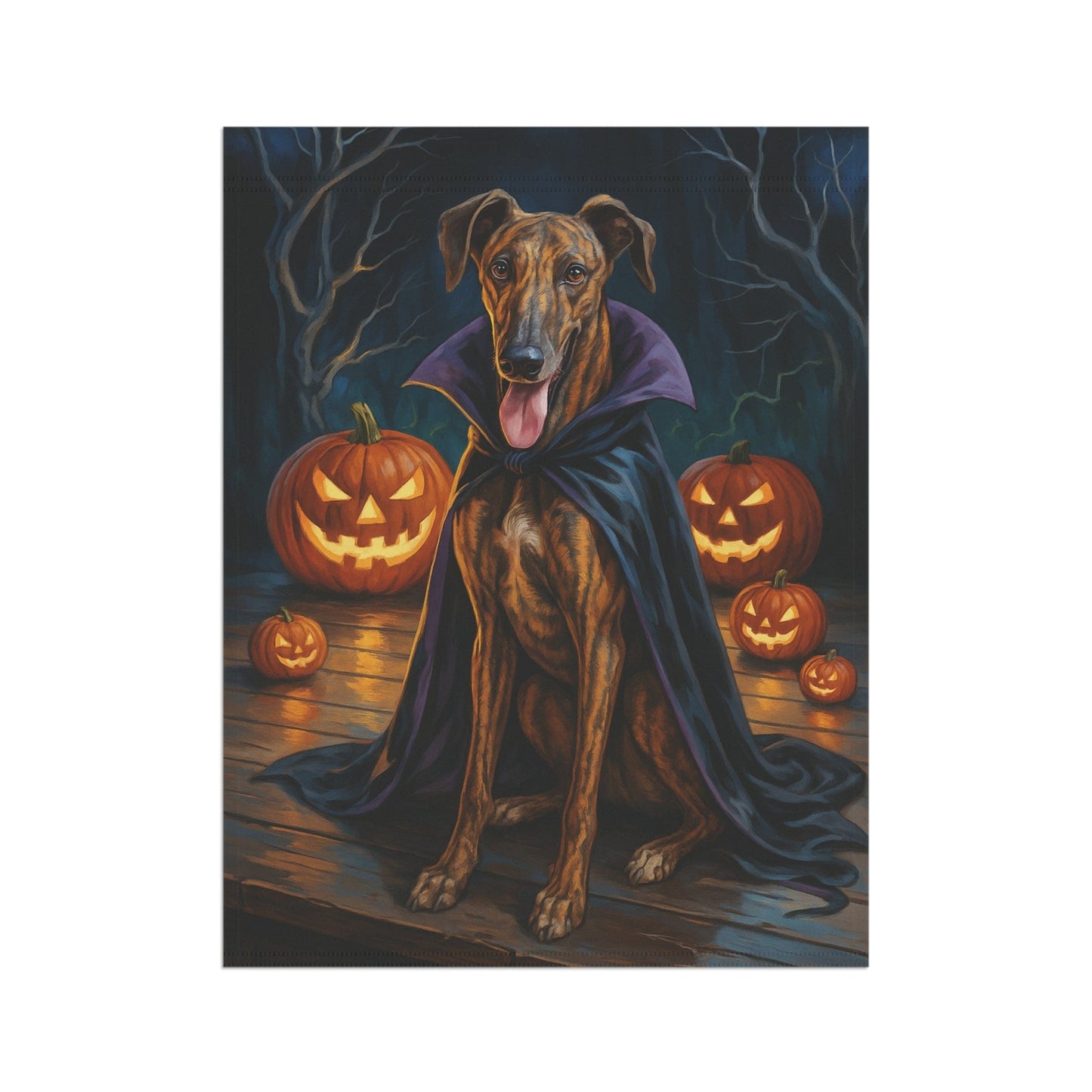 Printify Home Decor Yard Flag, Halloween Brindle Greyhound Dog, Vampire Pumpkins Decor, Garden House Banner, Outdoor Halloween Fall Art, October Yard Art