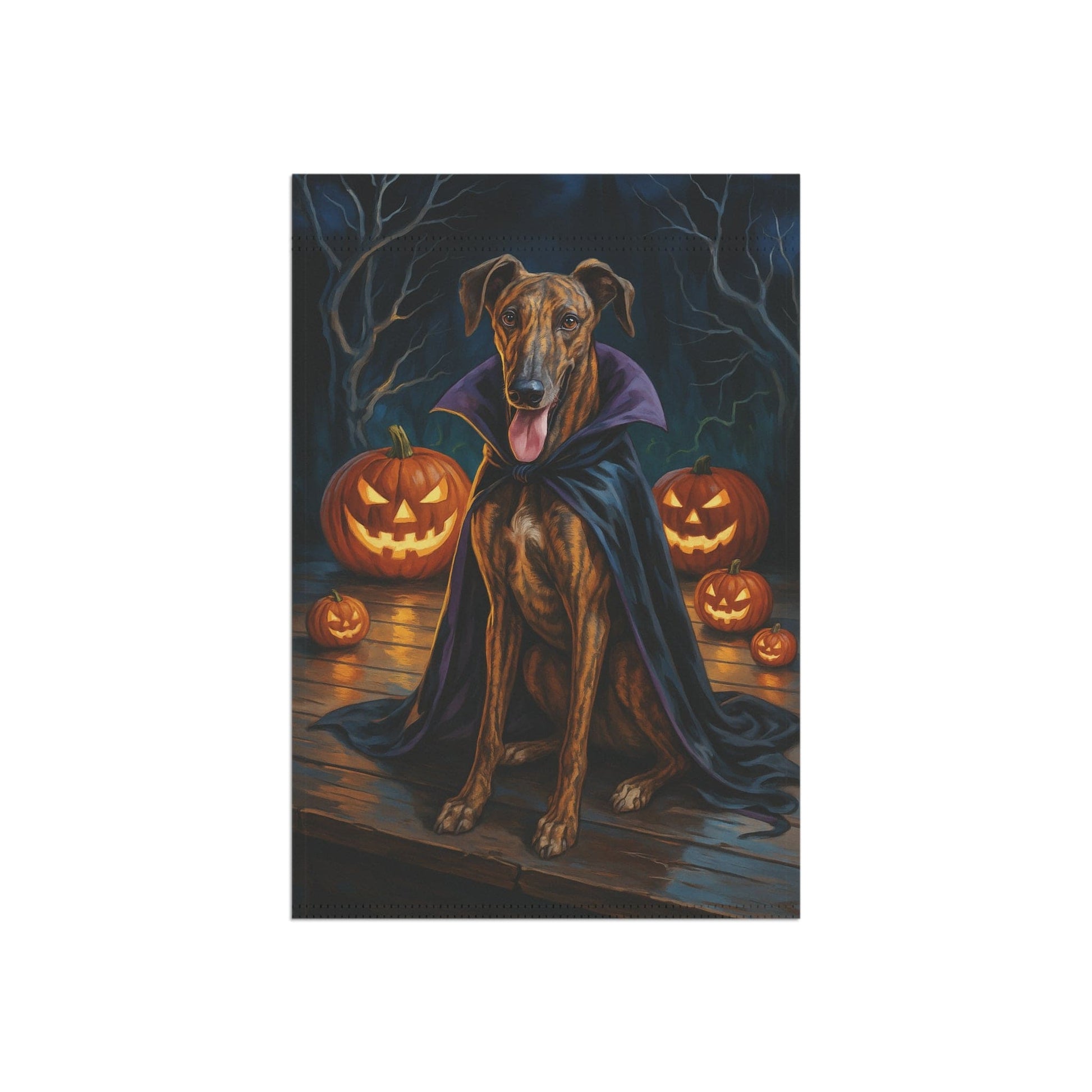 Printify Home Decor Yard Flag, Halloween Brindle Greyhound Dog, Vampire Pumpkins Decor, Garden House Banner, Outdoor Halloween Fall Art, October Yard Art