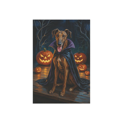 Printify Home Decor Yard Flag, Halloween Brindle Greyhound Dog, Vampire Pumpkins Decor, Garden House Banner, Outdoor Halloween Fall Art, October Yard Art