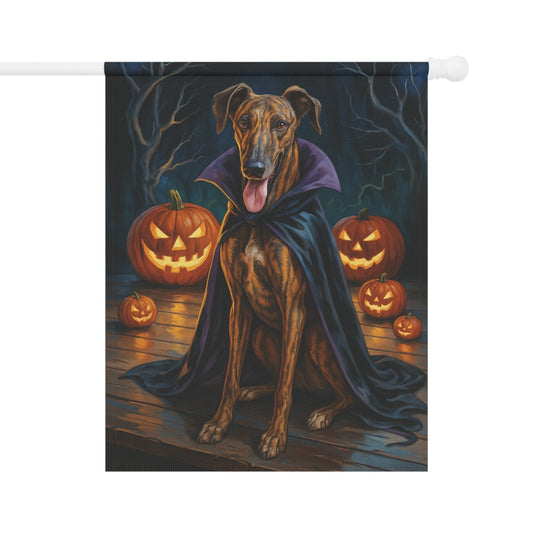 Printify Home Decor 24.5'' × 32'' Yard Flag, Halloween Brindle Greyhound Dog, Vampire Pumpkins Decor, Garden House Banner, Outdoor Halloween Fall Art, October Yard Art