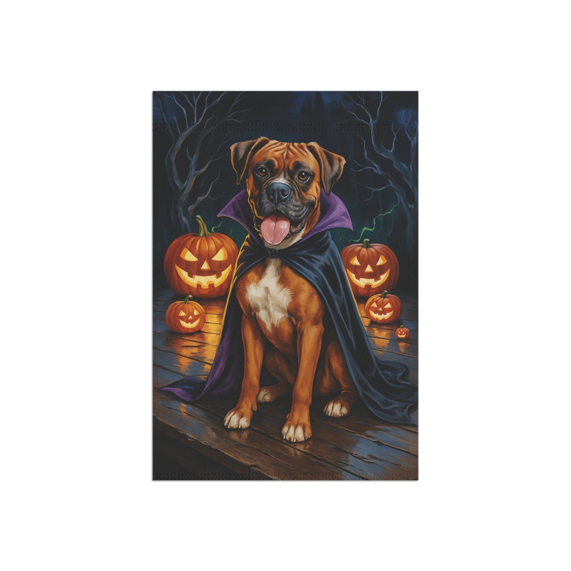 Printify Home Decor Yard Flag, Halloween Brown Boxer Dog, Vampire Pumpkins Decor, Garden House Banner, Outdoor Halloween Fall Decoration, October Yard Art