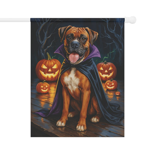 Printify Home Decor 24.5'' × 32'' Yard Flag, Halloween Brown Boxer Dog, Vampire Pumpkins Decor, Garden House Banner, Outdoor Halloween Fall Decoration, October Yard Art