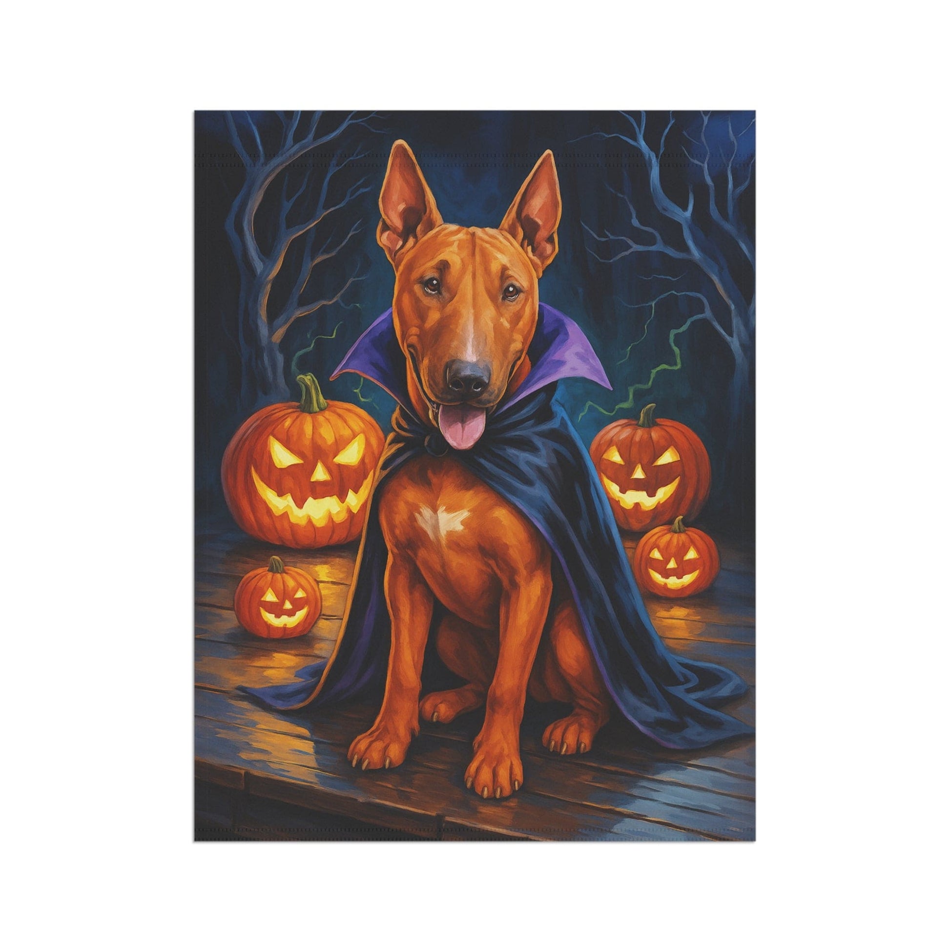 Printify Home Decor Yard Flag, Halloween Brown Bull Terrier Dog, Vampire Pumpkins Decor, Garden House Banner, Outdoor Halloween Fall Decoration, October Yard