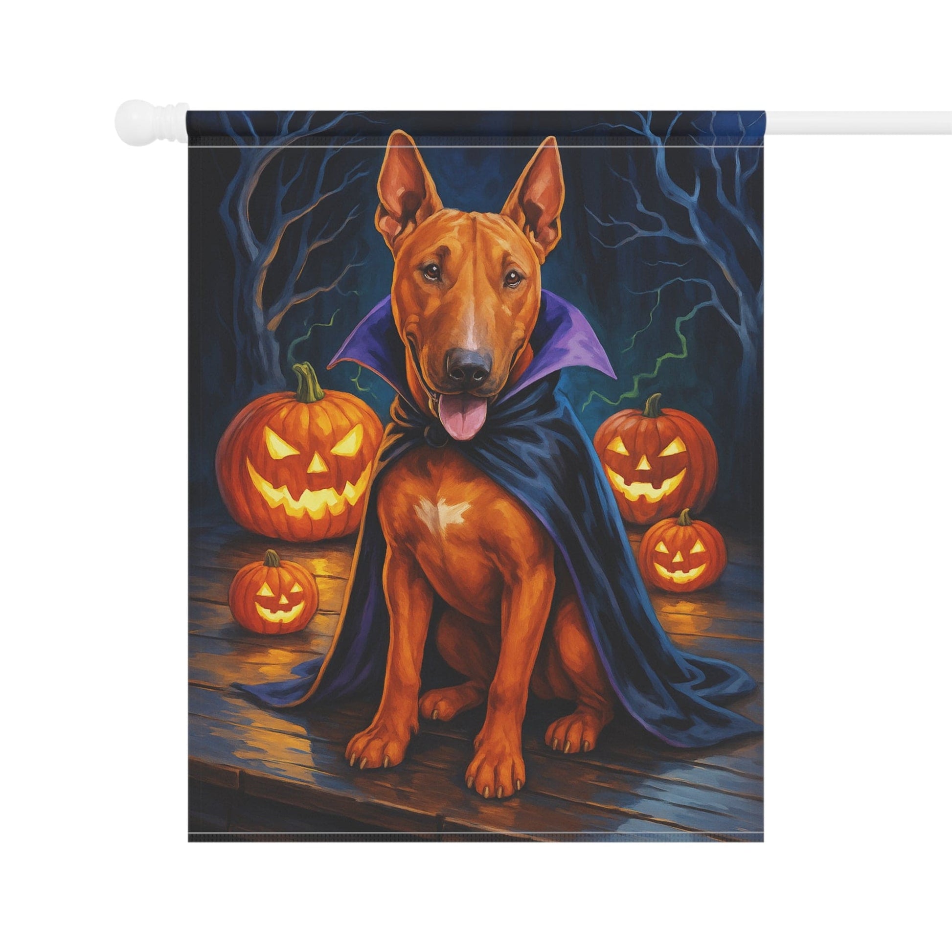 Printify Home Decor Yard Flag, Halloween Brown Bull Terrier Dog, Vampire Pumpkins Decor, Garden House Banner, Outdoor Halloween Fall Decoration, October Yard