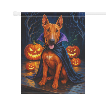 Printify Home Decor Yard Flag, Halloween Brown Bull Terrier Dog, Vampire Pumpkins Decor, Garden House Banner, Outdoor Halloween Fall Decoration, October Yard