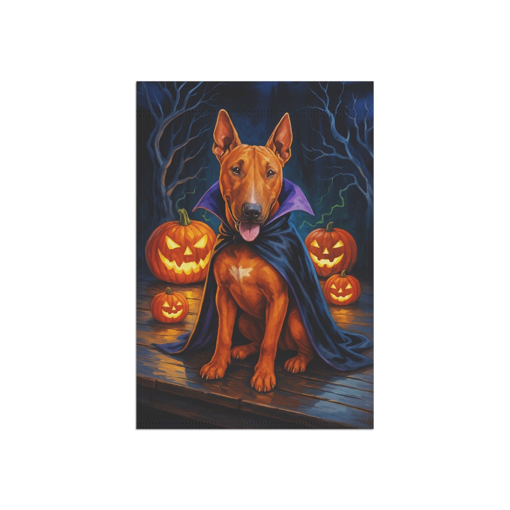Printify Home Decor Yard Flag, Halloween Brown Bull Terrier Dog, Vampire Pumpkins Decor, Garden House Banner, Outdoor Halloween Fall Decoration, October Yard
